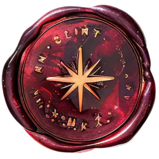 Ruby red wax seal with a gold star or compass in the centre